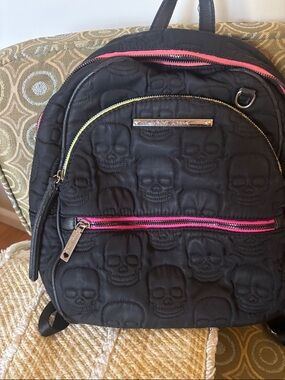 Betsey Johnson Black Quilted Skull Backpack with Pink and Yellow Zippers